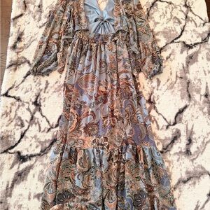 Bohemian Paisley Tiered Maxi Dress in Light Blue and Brown